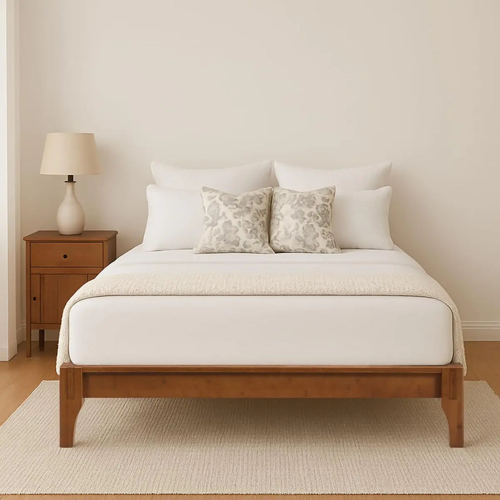 Mid-Century Bamboo Platform Bed, Queen Size Bed Frame with Wood Slat Support, No Box Spring Needed, Easy Tool-Free, Customized