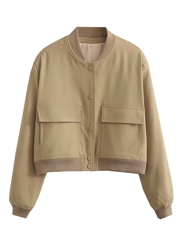 Women's Vintage V-Neck Bomber Jacket with Pockets