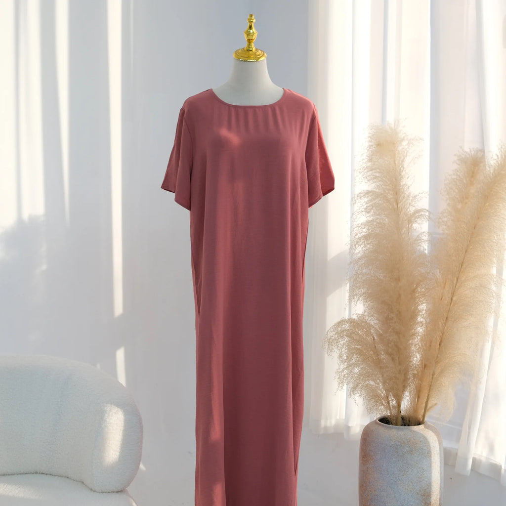 Modest Short Sleeve Women Inner Dress Basic Abaya Muslim Eid Ramadan Round Neck Maxi Loose Casual Long Versatile Fashion Kimono