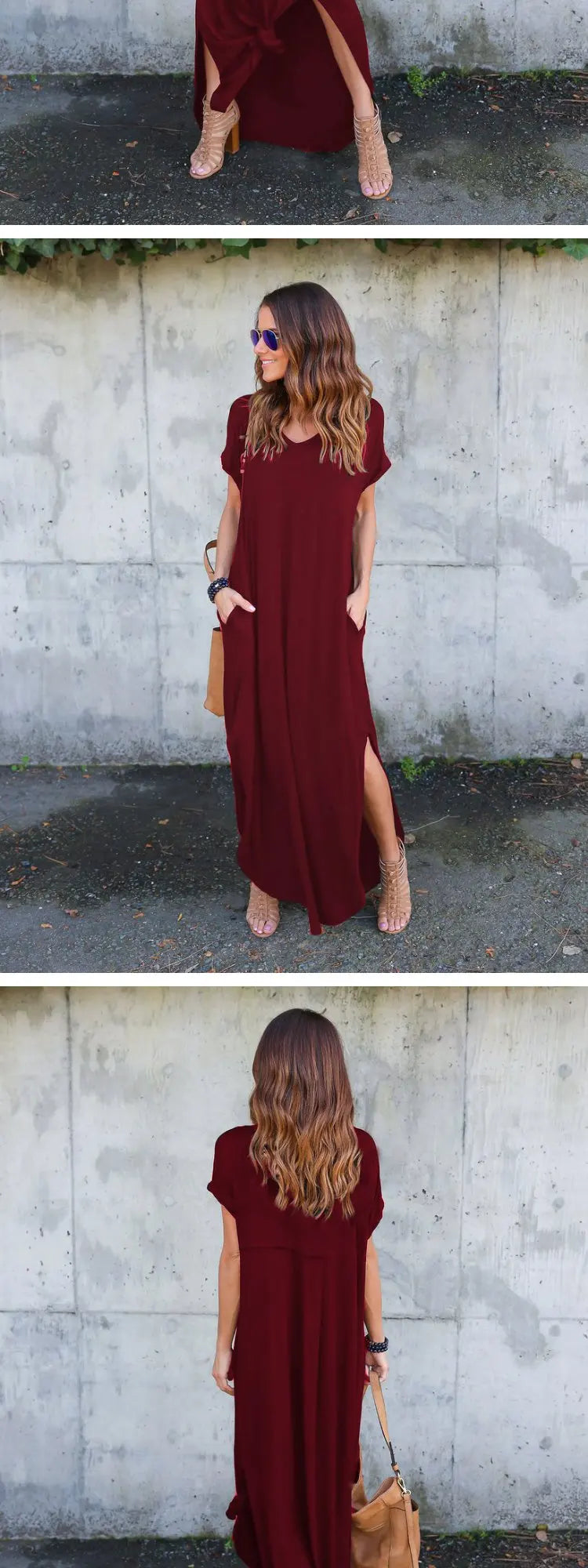 Pure Color Splice Short Sleeve V-Neck Slit Long Dress Loose Fit Women's Summer Cotton Polyester Maxi Dress Citywalk