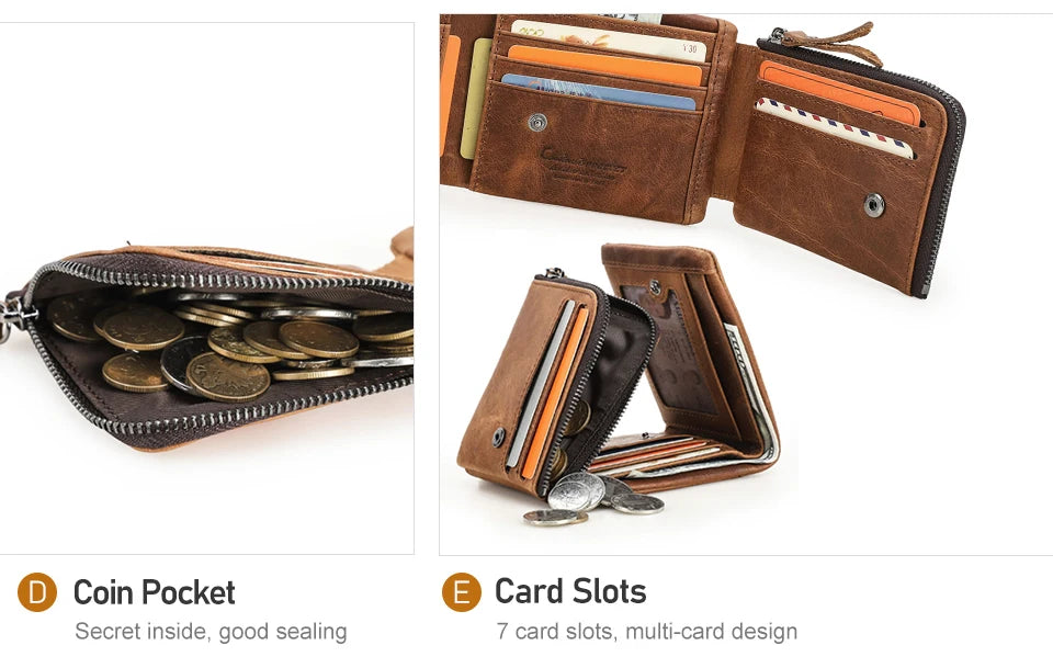 Contact’S Men’s Trifold Wallet - Genuine Crazy Horse Cowhide Leather