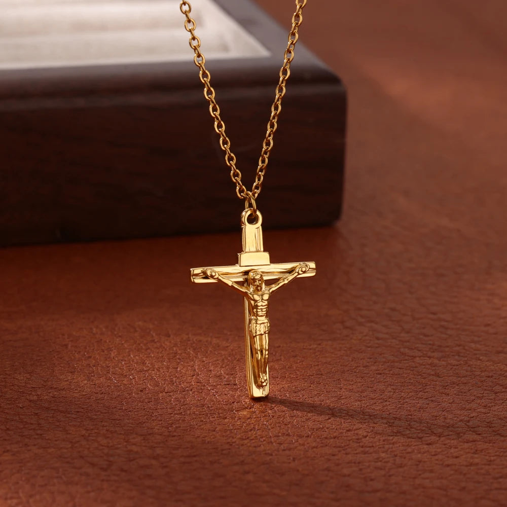 Stainless Steel Jesus Cross Necklace For Women'S Men Gold Color Caravaca Angels Crucifix Charm Choker Rapper Jewelry Hip Hop