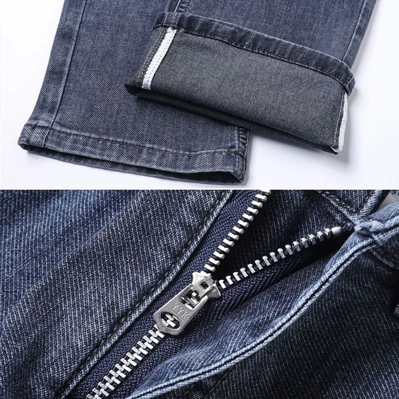 New Men Spring Summer Business Stretch Jeans Male Fashion High Waist Straight Leg Loose Casual Denim Pants Smoke Gray Trousers