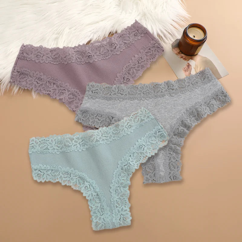Women Cotton Panties Set 3 Pieces Floral Lace Patchwork Briefs Breathable Soft Underwear Size S XL