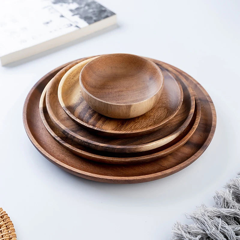 Wooden Dinner Plates Household Round Coffee Tray solid wood Tea saucer ins Japanese style dim sum For Food Snack Dishs
