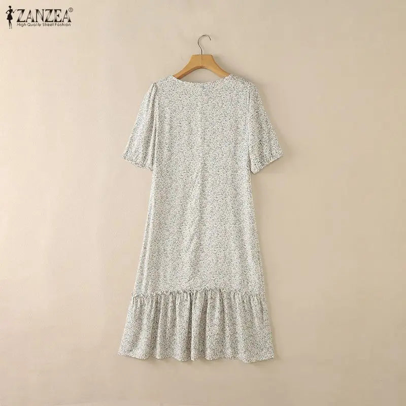 ZANZEA Women's Floral Printed Midi Dress Square Neck Half Puff Sleeve A-Line Dresses Summer Pullover Ruffled Hem Robes Femme