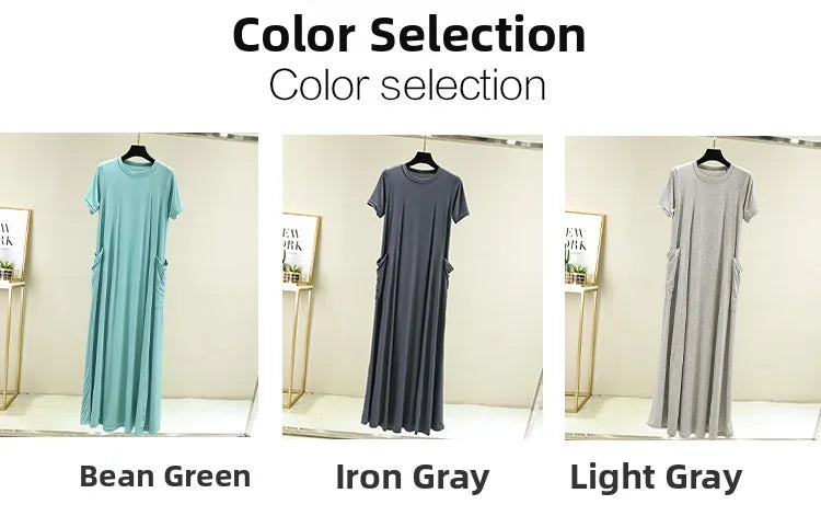 Casual Modal Sleep Dress Women Summer Large Size round Neck over Knee Long Dress Loose Slimming Short Sleeve Dress