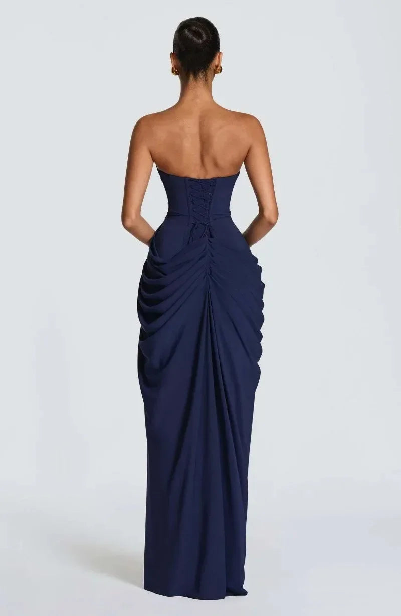 Elegant Strapless Ruched Maxi Dress Sexy Backless Lace Up Cinched Waist Slit Draped Bodycon Dresses Cocktail Party Evening Gown