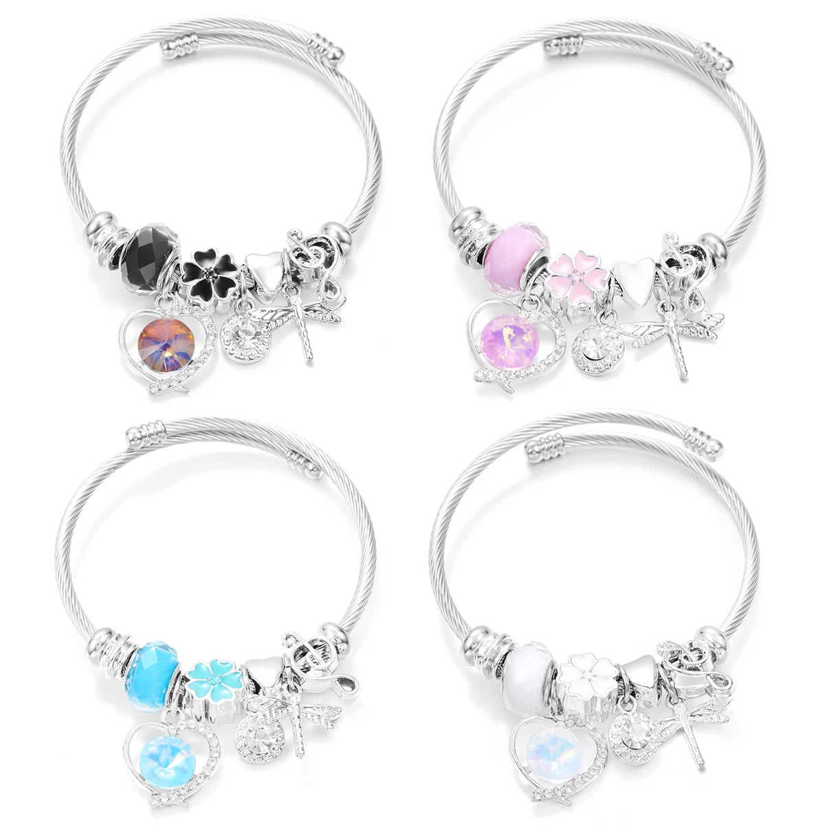 New Trendy Rhinestones Dragonfly Crystal Beaded Pendant Bracelet Stainless Steel 4 Colors Closure Bangles Women'S Bracelet Jewelry