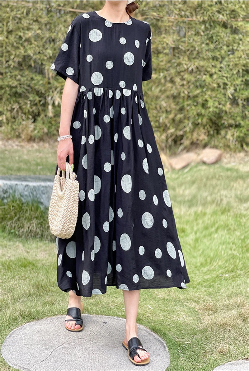 Summer Cotton Vintage Casual Loose Black Dresses For Women Short Sleeve Polka Dot Dress Femme Robe Vestidos Elegant Long Clothes