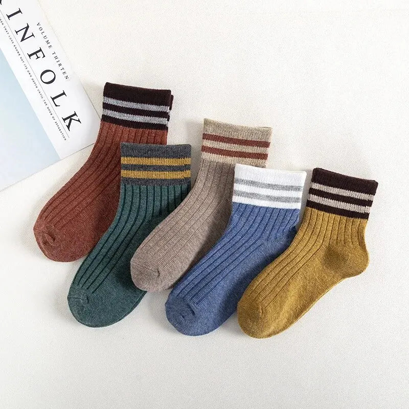 5-Pair Cartoon Stripe Kids Socks - Cotton Blend Casual Crew Socks