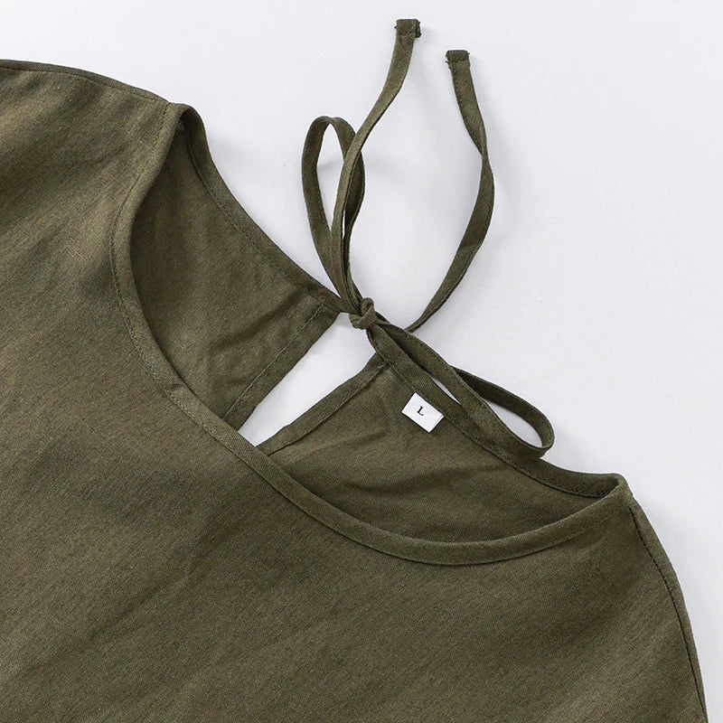 Women Cotton Linen Midi Dresses Summer Chic Female Vestidos Loose A-Line Dress Short Puffy Sleeve Casual Sundress