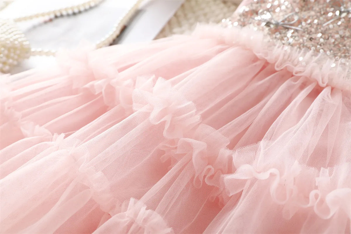 2026 New Summer 1-5Y Childrens Dress Sequin Tulle Sleeveless Girls Dress with Bow Decorations and Matching Sequin Veil