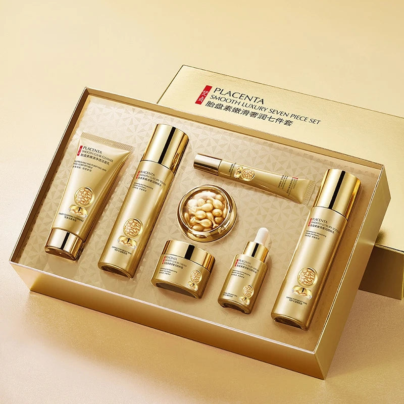 Placenta Skin Care Seven-Piece Set, Rich in Placenta Essence, Moisturizing Skin Care Products, Hydrating, Nourishing, and Refreshing, the Set Includes Facial Serum, Eye Cream, Face Cream, Facial Cleanser, Essence Cream, Suita