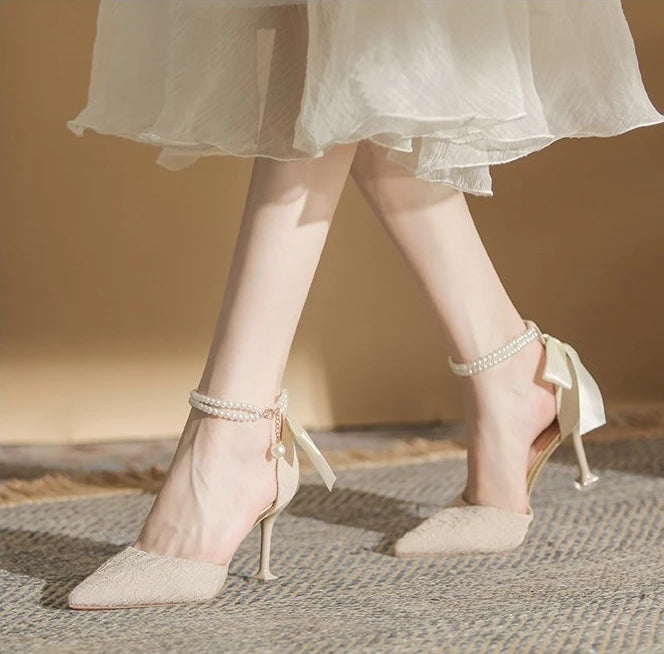 Fashionable high-heeled women's 2025 summer new pearl open-back evening dress stiletto style fairy-tale elegant single shoes