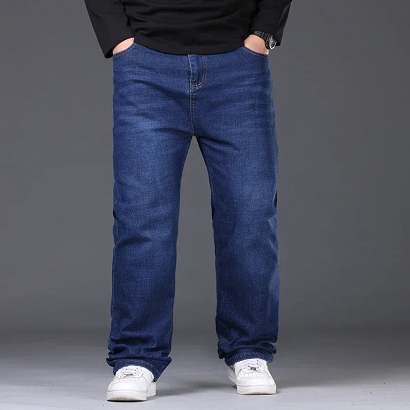 42-50 Plus Size Men's Jeans Business Casual Denim Pants High Waist Straight Leg Loose Elastic Comfortable Trousers Male Clothing
