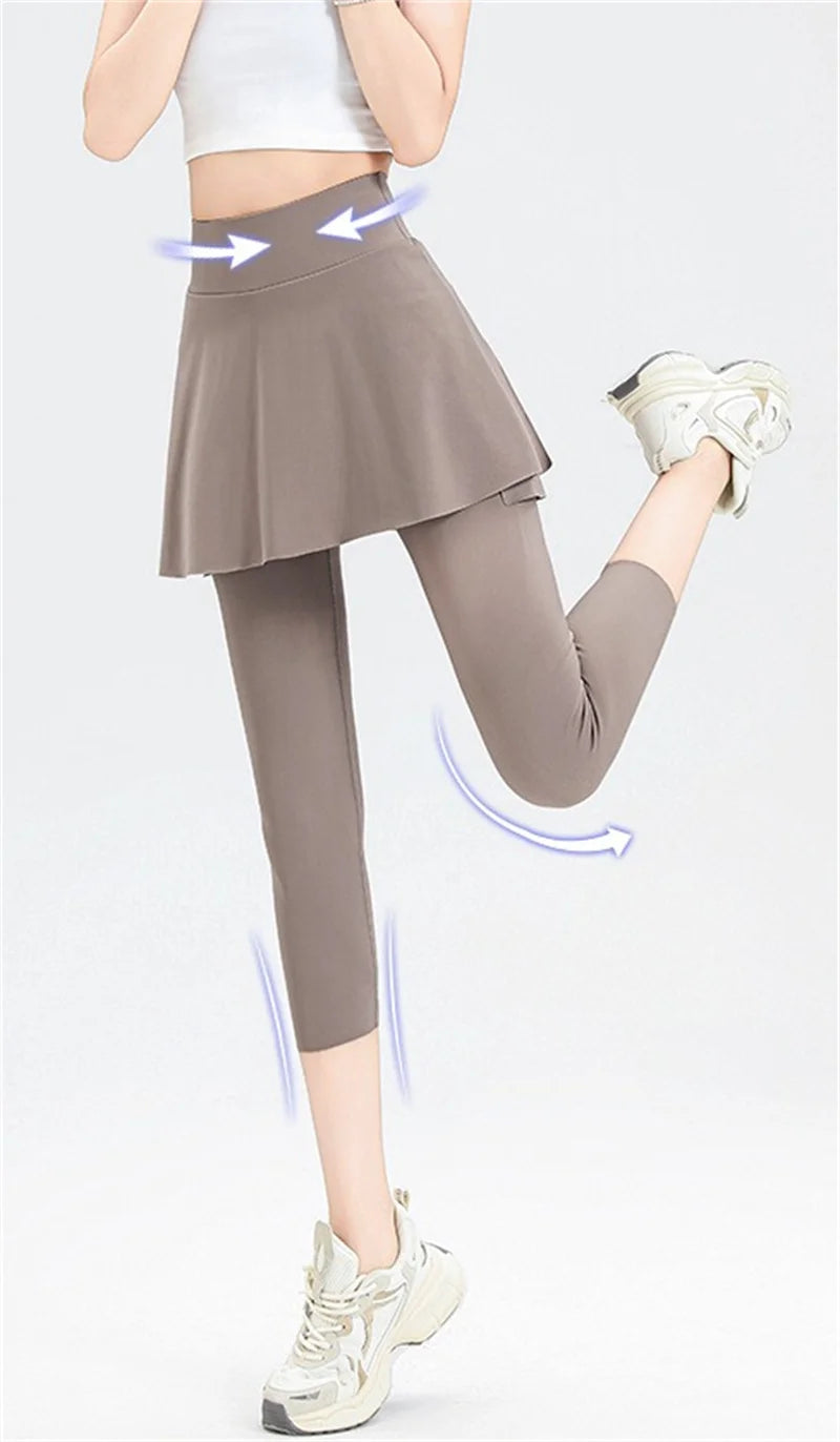 Aiithuug with Pocket Women Tennis Skirted Leggings Capris Yoga Leggings with Skirts Tennis Pickleball Clothing Cropped Leggings