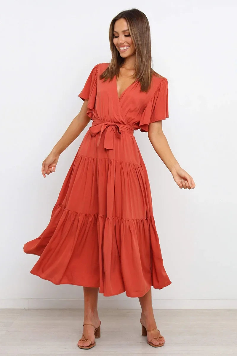 Summer Bohemian Long Dress Pure Color V-Neck Short Sleeve Empire Waist Design Floor Length with Belt Loose Fit Women's Dress