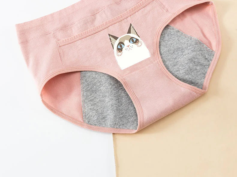 Cotton Menstrual Panties Leak Proof Breathable Cartoon cat Panties Woman Women Girls Physiological Pants Women's Intimates M-XL