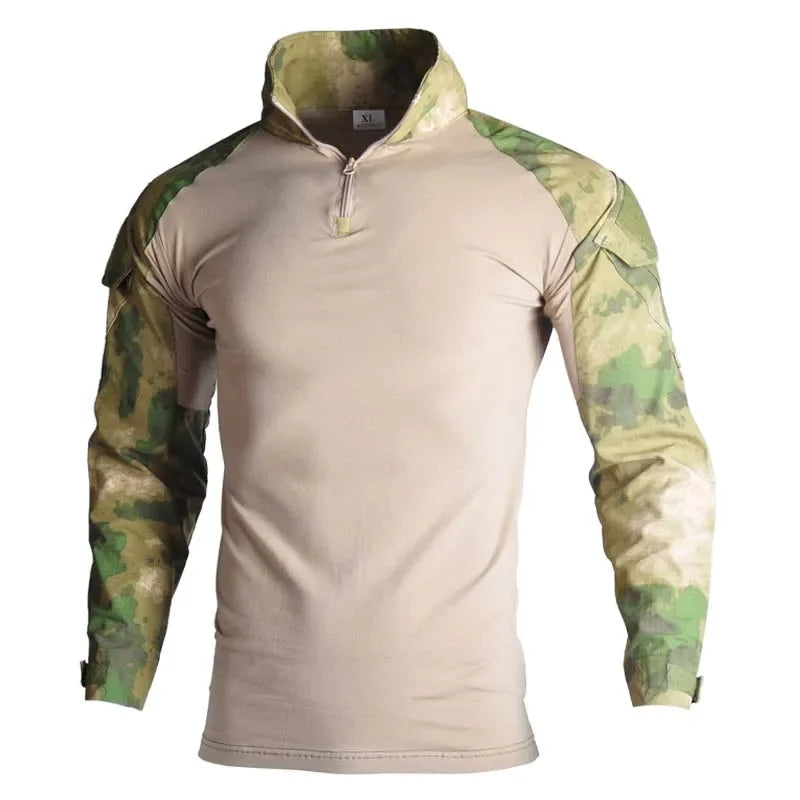 Outdoor Long Sleeve Tactical Shirts Combat Shirt 1/4 Zipper Ripstop Cotton Wear-Resisting Camo Airsoft T Shirts Men Clothing