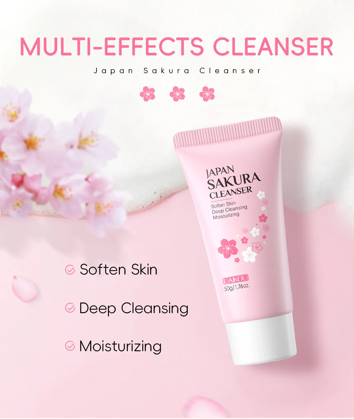LAIKOU Sakura Facial Cleanser - 50g Gentle Deep Cleaning Face Wash