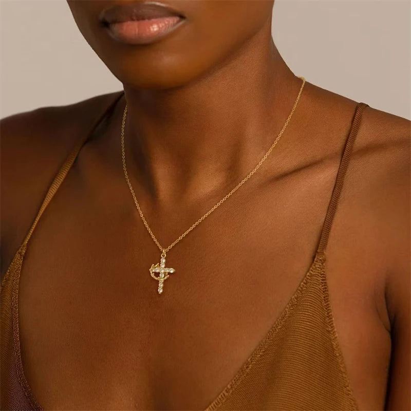 Rotatable Crown Cross Pendant Necklace For Women'S Shiny Rhinestone Stainless Steel Cross Choker Christian Prayer Jewelry