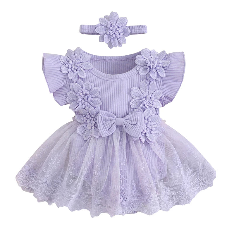 Maemukilabe Baby Girl Lace Tulle Romper Dress With Headband For Toddler Girls 1 To 2 Years Floral Bow