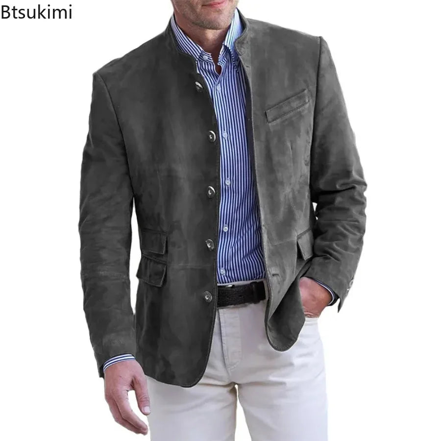 New Men's Business Casual Suit Jacket Autumn Winter Fashion Commuter Daily Basic Blazer Solid Stand Collar Jacket Men's Clothing