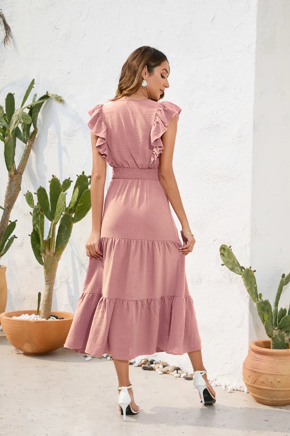 VigoCasey 2026 Summer Female Solid Long Dress Women Sexy Ruffle Sleeveless V Neck Long Dress Lady Casual High Waist Dresses