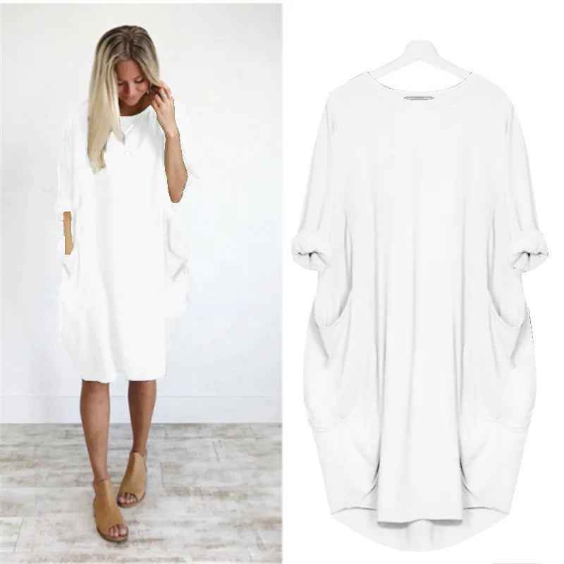 Women's Dress Oversize O-neck Loose Red Version Casual Street Pocket Fashion Black Solid Color Beach Vacation Skirt