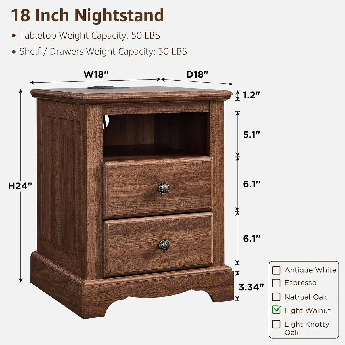 Vintage Nightstand Set of 2 with Charging Station, Light Walnut, Customized