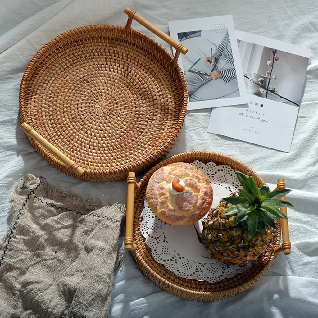 Hand-Woven Basket Storage Tray with Handles Food Tea Decorative