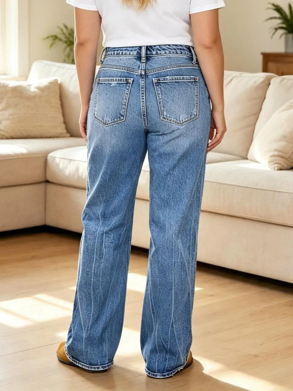 【HME】Jeans | Curvy‑Friendly High Waist Denim Pants Ladies, Retro Flare Wide‑Leg Denim Jeans With Natural Stone‑Wash Finish, Frayed Raw Hem, Stretch Comfort Pants, Classic Five‑Pocket Design For Weekend And Casual