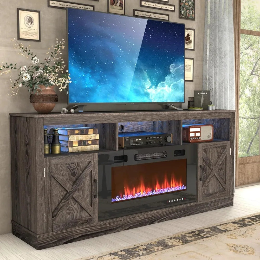 Fireplace TV Stand for 70/75/80 Inch TV, 32”Tall Entertainment Center w/ 36”Electric Fireplace and LED Light, 70”Media Console