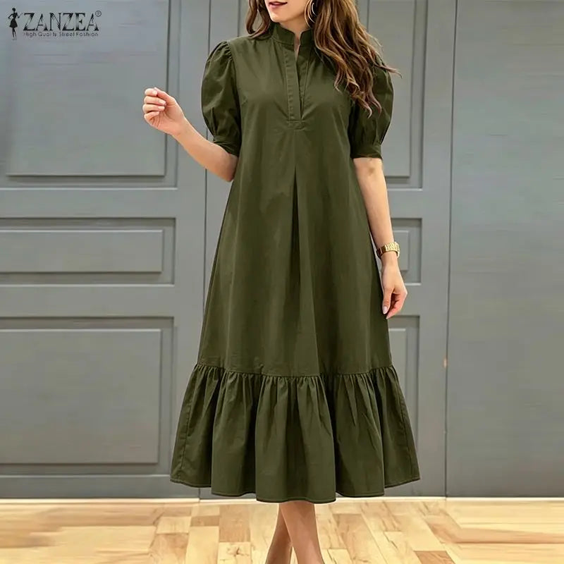 Women Casual A-Line Midi Dress Stand Collar Half Puff Sleeves Solid Color Loose Dresses ZANZEA Minimalist Daily Wear Vestidos
