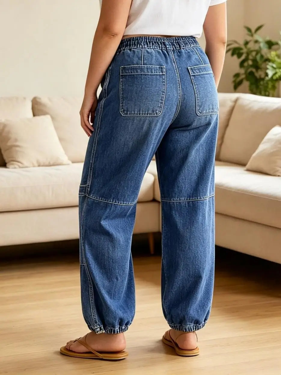【HME】Jeans | Women Boho Drawstring Denim Pants, Elastic Waist Jogger Denim Jeans, Horizontal Stitch Panel Design, Medium Vintage Wash, Relaxed Baggy Pants For Vacation Daily Casual Wear