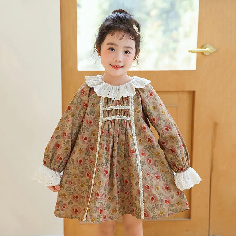 Children Girl Vintage Dress Spring Autumn Lace Turn Down Collar 2-8Y Princess Dress Fragment Flower Long Sleeve Baby Girls Dress