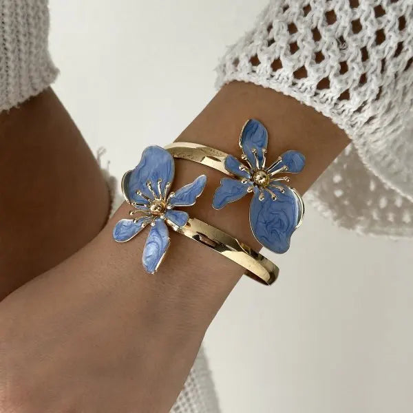 Enamel Flower Open Cuff Bracelet For Women Elegant Gold Plated Floral Beach Jewelry