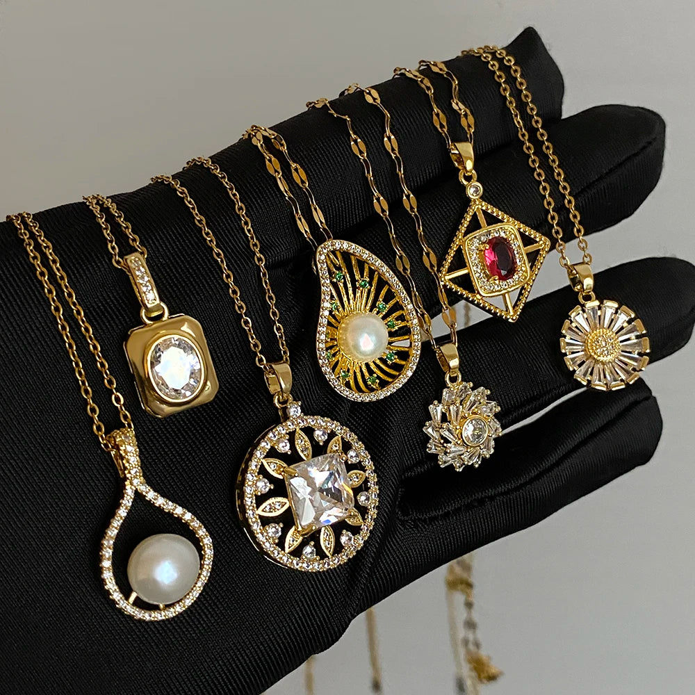 Elegant Zircon Pearl Waterdrop Flower Copper Pendant Necklace Gold Plated Stainless Steel Chain Charms Necklaces Jewelry Gifts