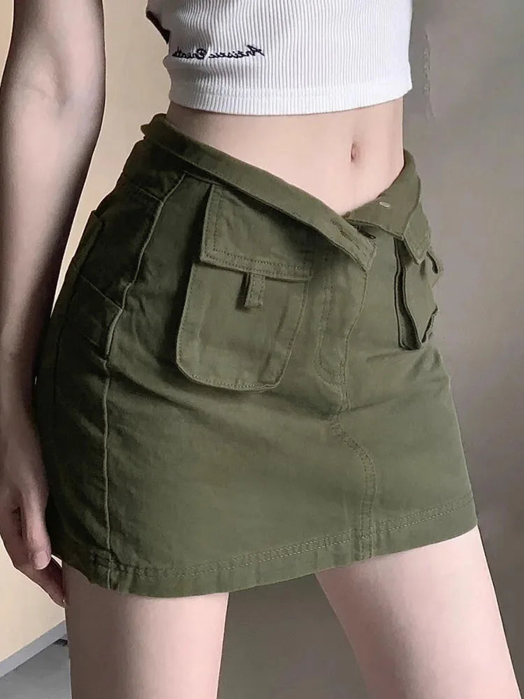 Slimming Effect Retro Military Green Workwear Denim Short Skirt High Waist Half Body Skirt Large Size Loose plus Size Women's...