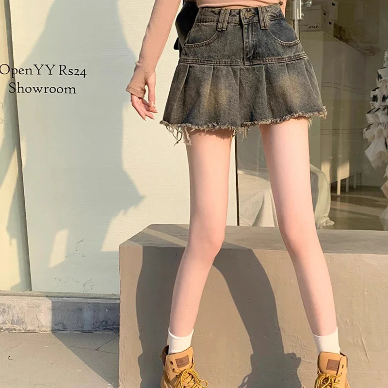 Summer Women Y2k High Waist Mini Skirts Girls Korean A Line Denim Pleated Dress Female Fashion Punk Blue Harajuku Jeans Skirts