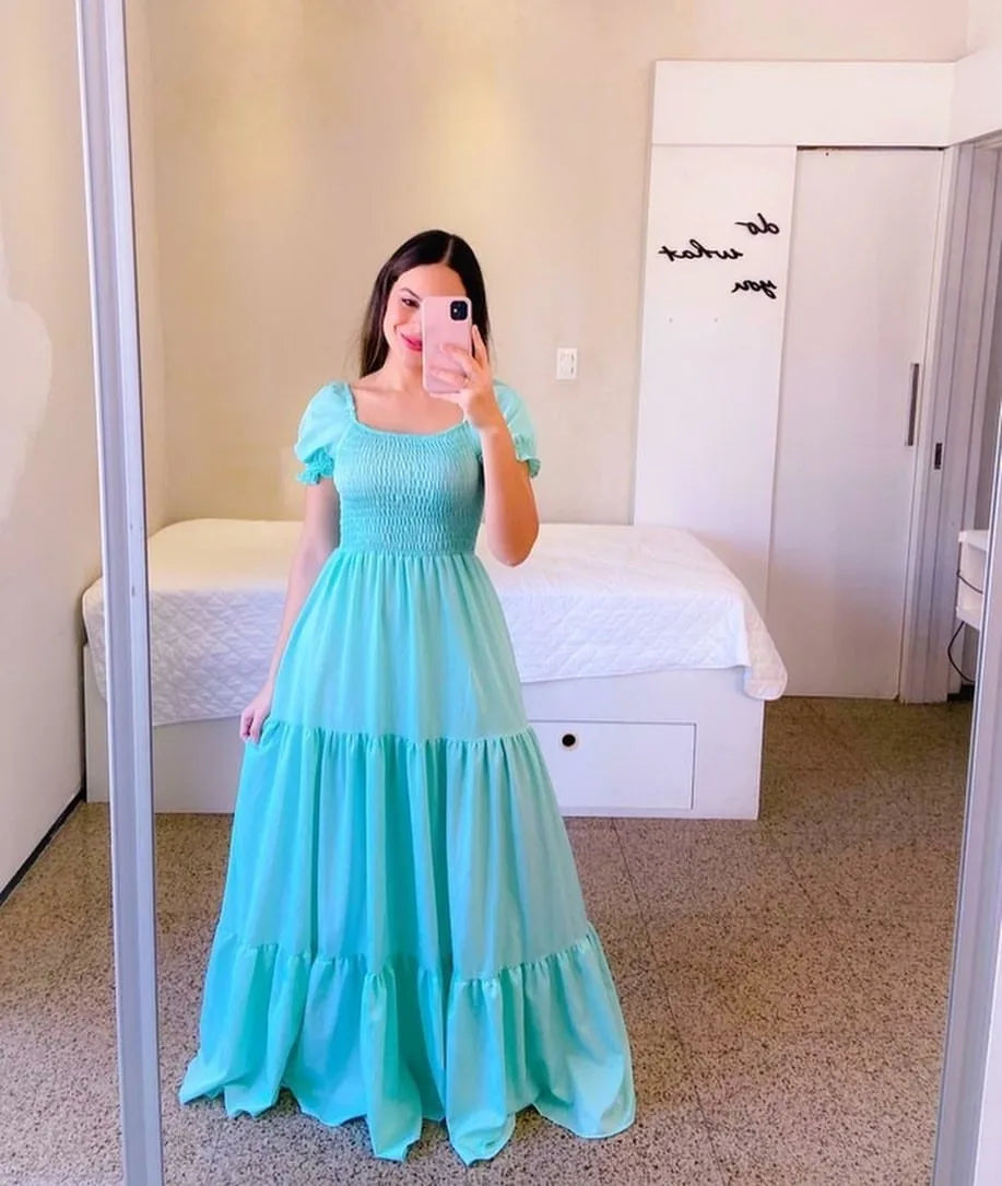 New Women's Boho Floral Dress Spring Summer European American Women's Clothing Off-shoulder Fragrant Long Solid Color Dress