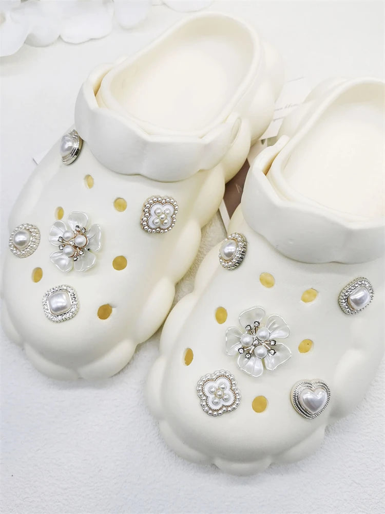 10Pcs Shoe Charms Abs Decorations Accessories Diy Ornament Pins For Clog Buckle Lady Garden Shoes Elegant Pearl Floral Design