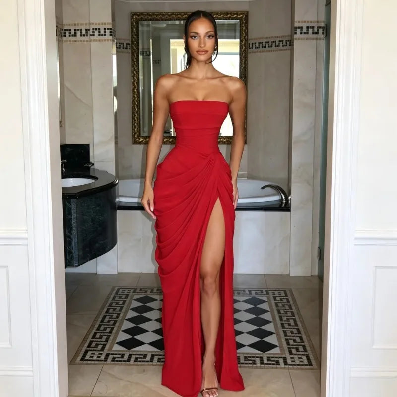 Elegant Strapless Ruched Maxi Dress Sexy Backless Lace Up Cinched Waist Slit Draped Bodycon Dresses Cocktail Party Evening Gown
