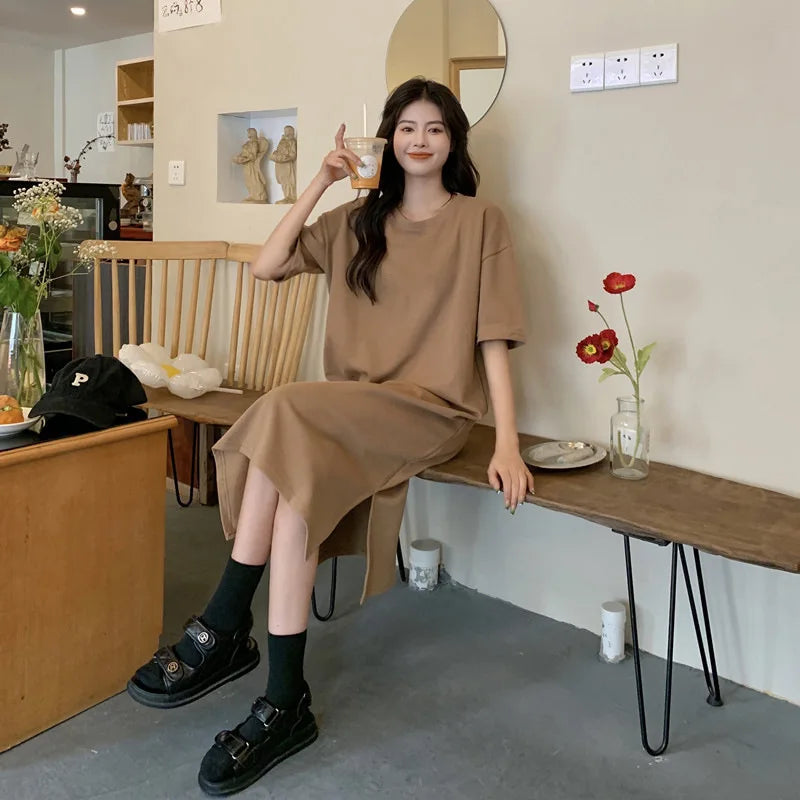 Women's Summer Plus Size Casual Dress 2026 New Loose Solid Color Knee Length Split Hem T Shirt Dress