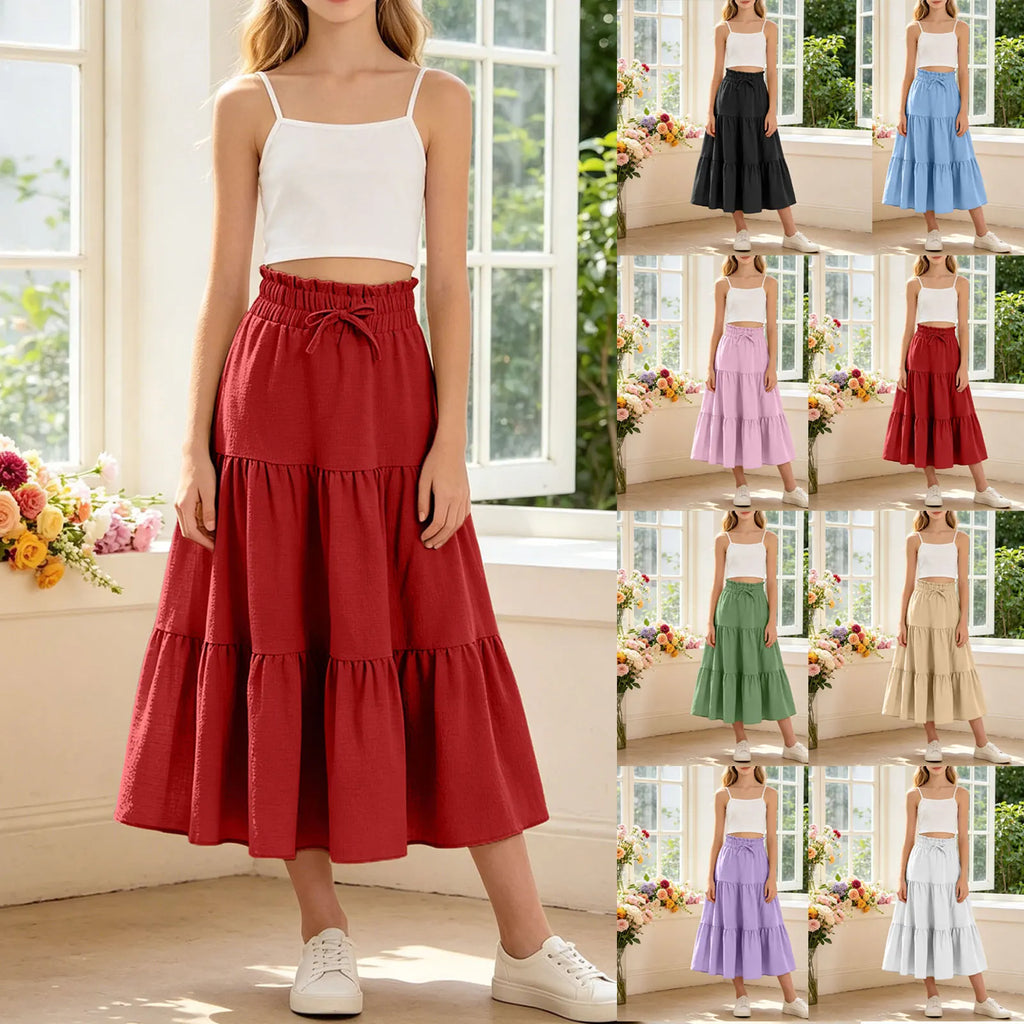 Kids Girls Boho Pleated Long Skirt Summer Solid Elastic Waist Lightweight Large Swing Skirt Casual Beach Holiday Vacation