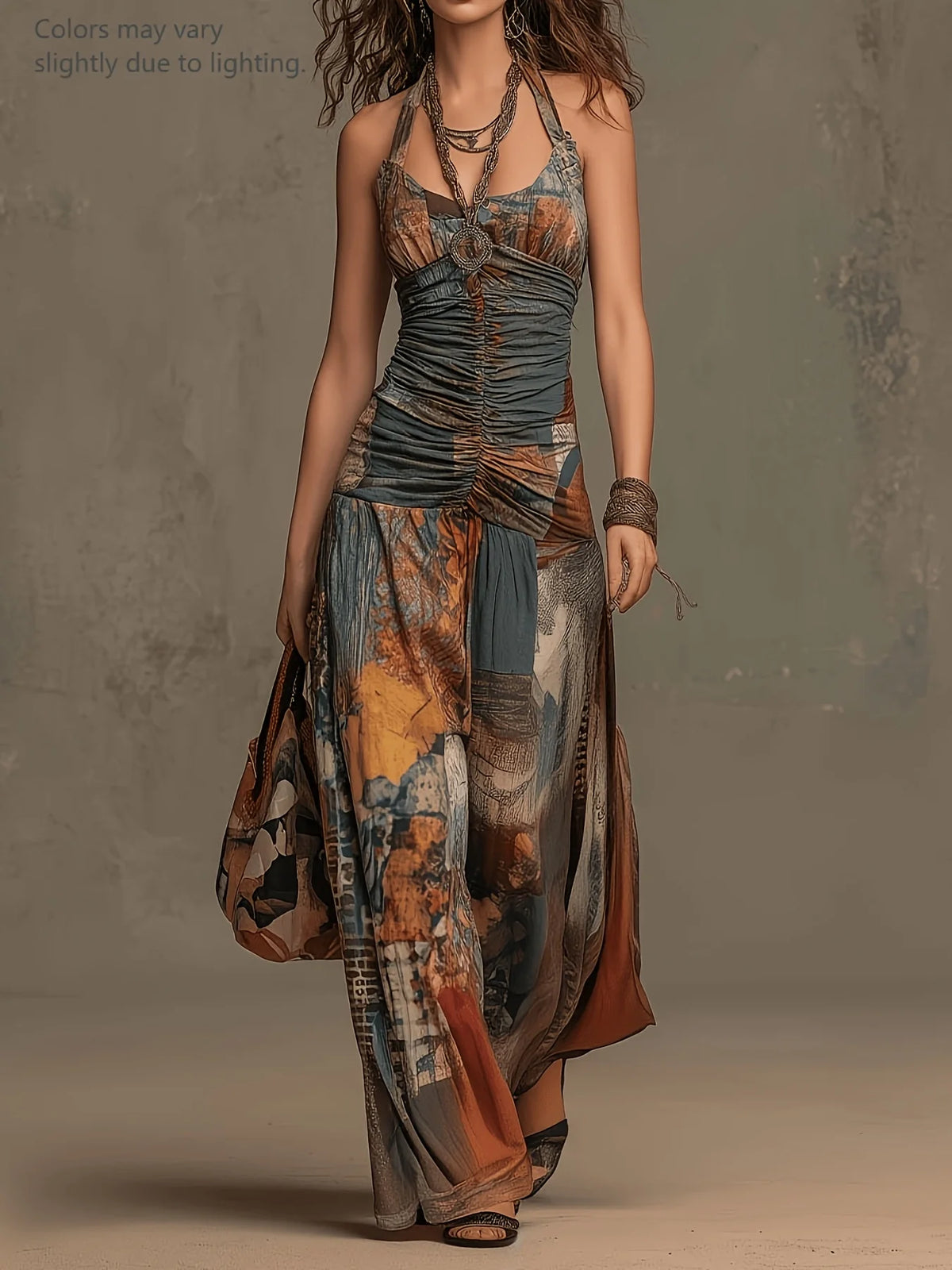 Western Retro Patchwork Print Halter Long Dress Women Ruched Bust Side Slit Bodycon Bohemian Beach Maxi Dress