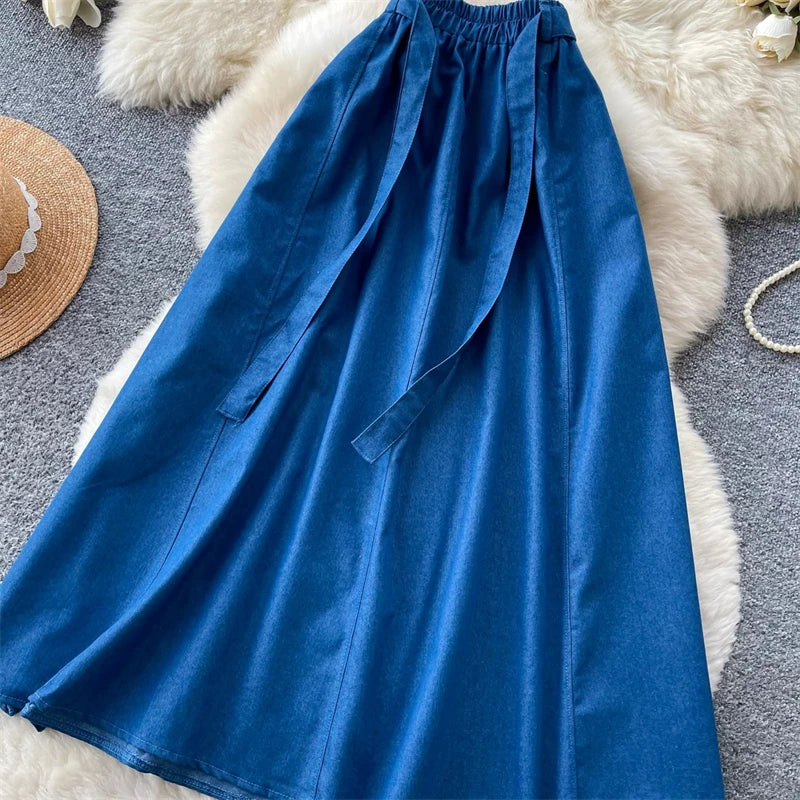 KAROFI Women Bow Tie Elastic Waist Denim Long Skirt Korean A Line Flowy Midi Jeans Skirt Casual Loose Vintage Blue Maxi Skirts