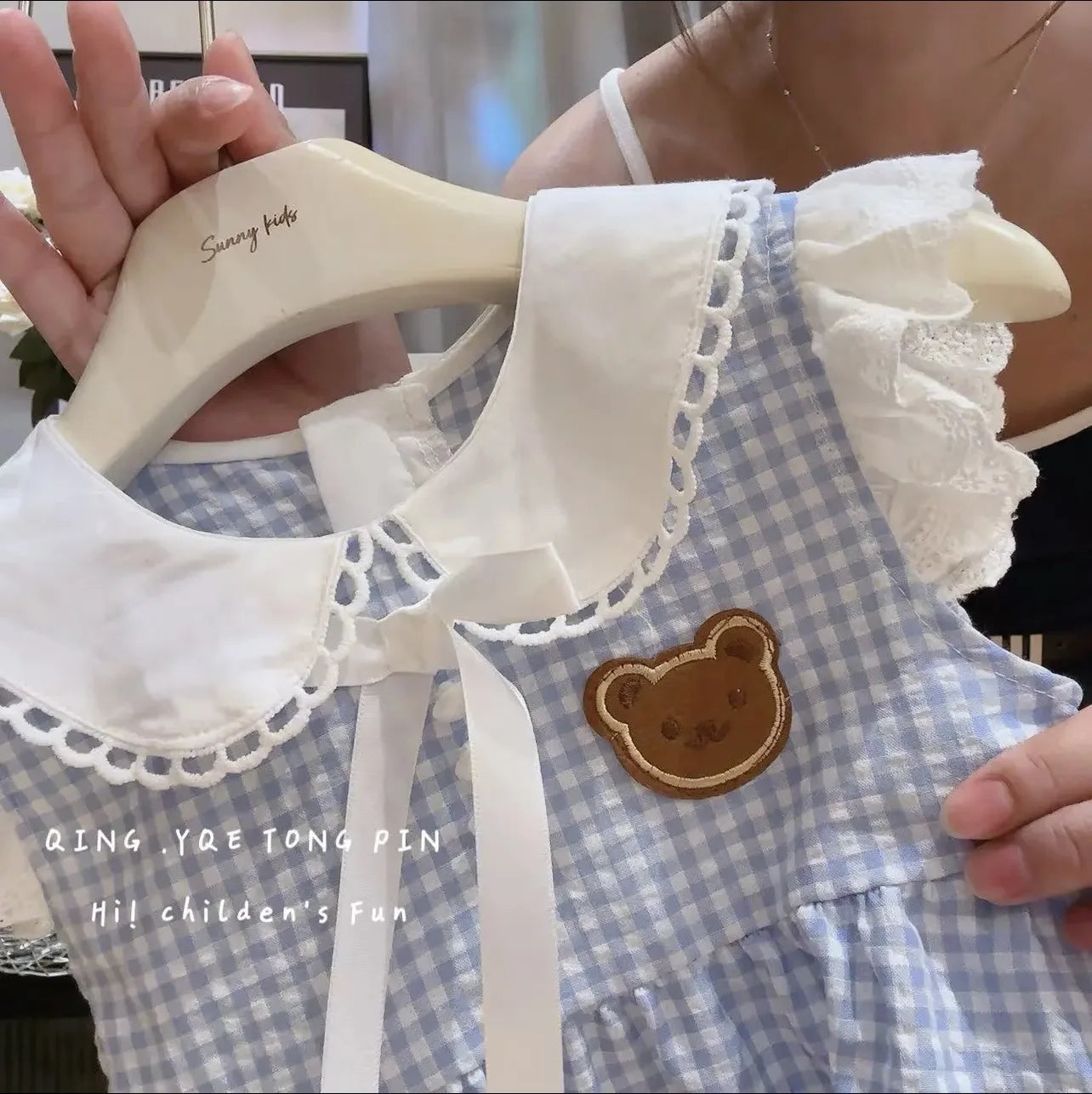 Somenie Girls Summer Home Dresses Kids Fashion Plaid Daily Casual Dress Cute Embroidery Bear Label Baby Outing Clothes