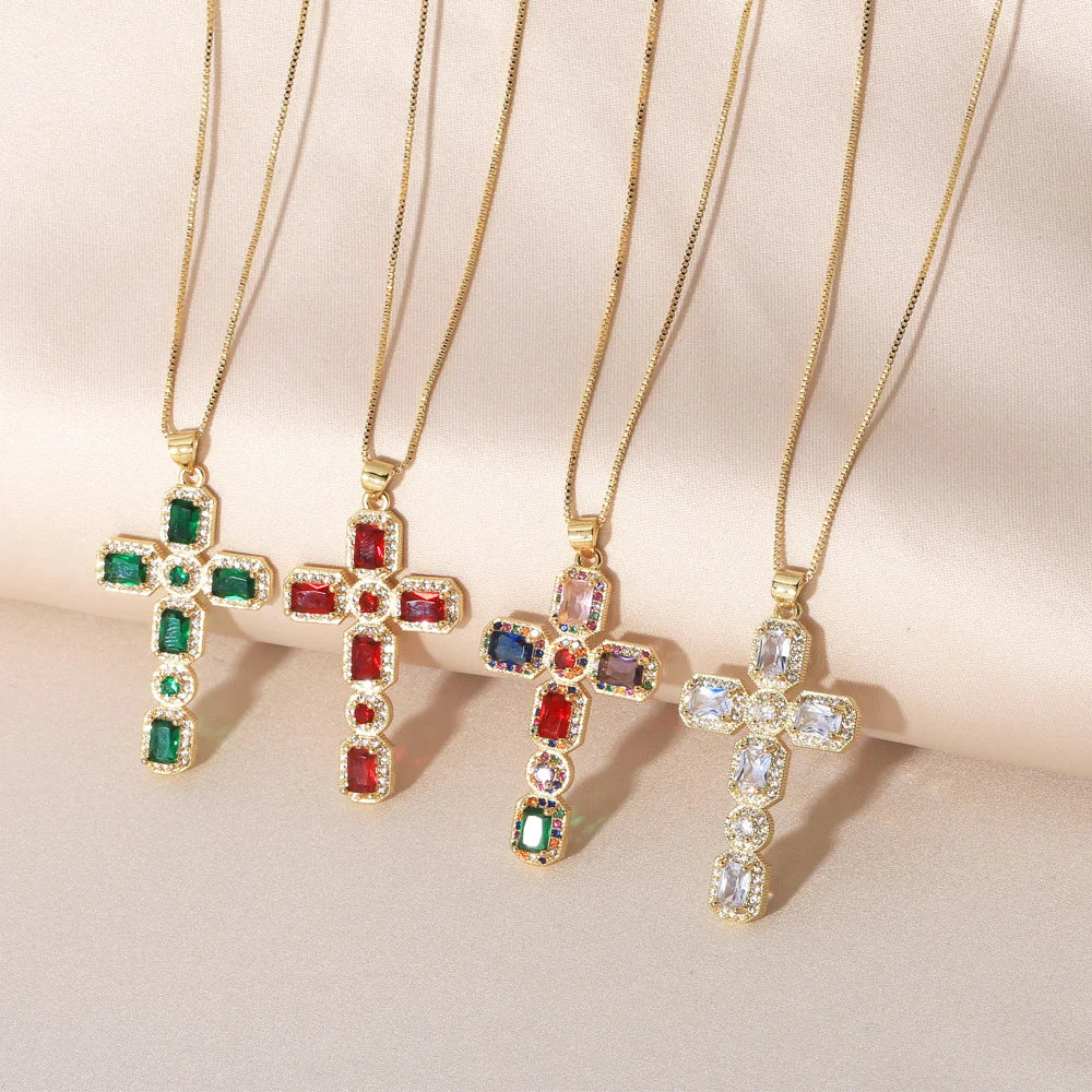 Flola Women'S Crystal Cross Necklaces Multicolor Luxury Pendant Necklaces Christian Copper Gold Plated Religious Jewelry Nkeb775